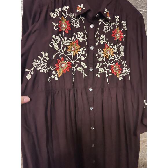 April Cornell tunic blouse Large embroidery brown fall Cottagecore boho Vintage - Picture 4 of 13